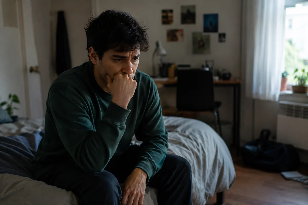 A young man in a dark green sweatshirt sitting on the edge of an unmade bed in a dimly lit room, resting his chin on his hand and looking anxious and lost in thought