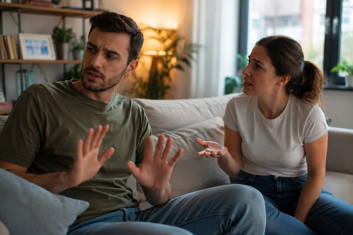 A young couple sitting on a living-room couch during a tense argument, the man raising both hands defensively while the woman gestures and speaks in frustration