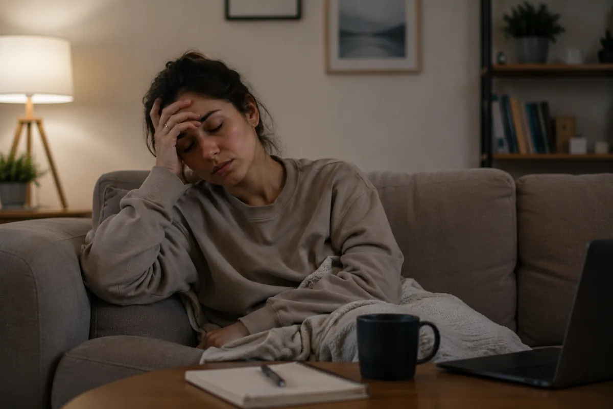 A tired woman in a beige sweatshirt sitting on a couch at night resting her head on her hand, with a mug, notebook and laptop on the table and a lit lamp behind her