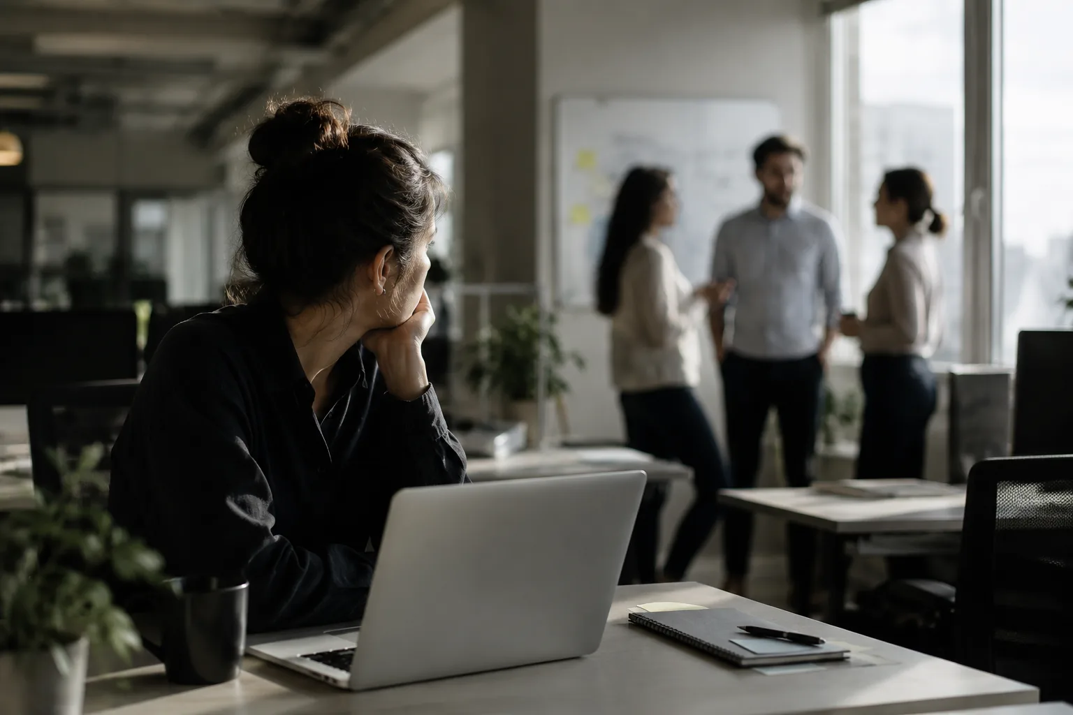 A woman at her desk glancing toward colleagues chatting nearby, capturing the pull of social comparison