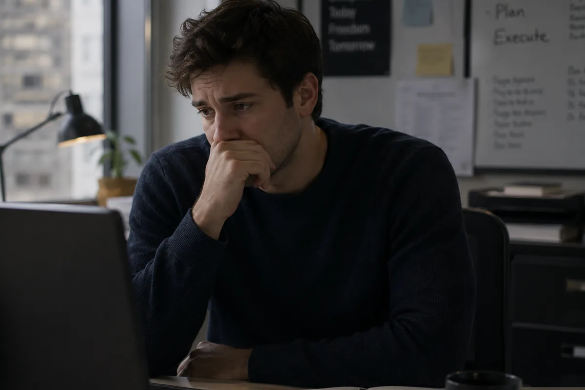 A young man in a dark sweater sitting at an office desk resting his hand against his mouth and looking anxiously at his laptop, with a notebook, pen and coffee mug on the desk and a Focus Plan Execute board behind him