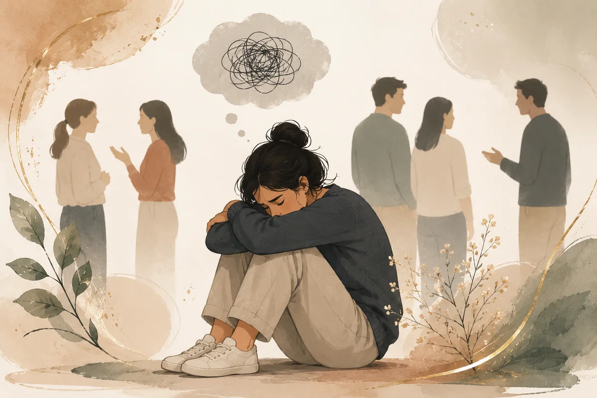 A young person sitting on the floor with their head resting on their arms while others talk together in the background