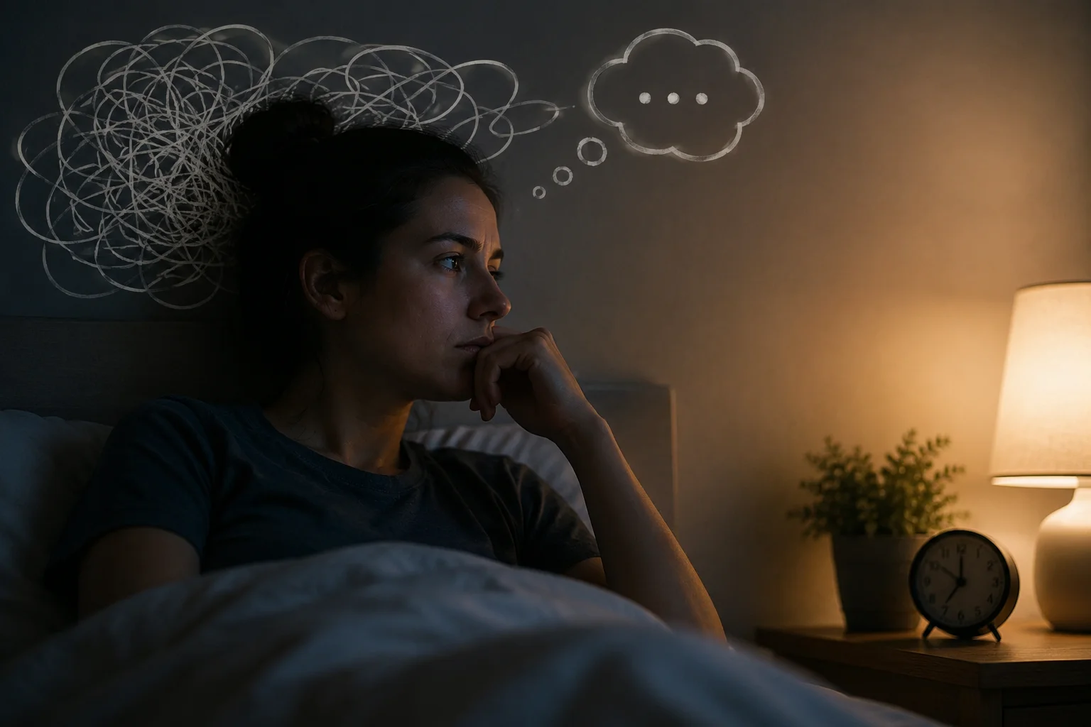 A person lying awake at night replaying a conversation