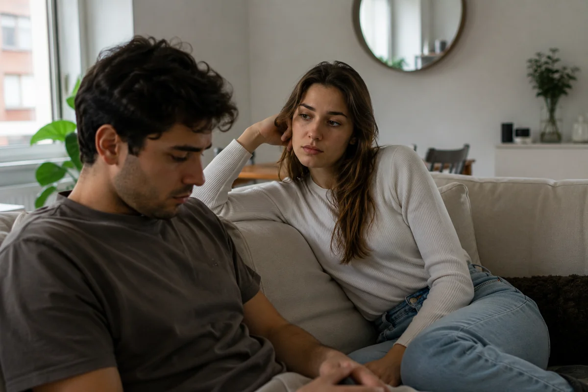 A young couple sitting close together on a living-room couch during a tense moment; the man in a grey t-shirt looks down quietly while the woman in a white sweater rests her head on her hand and watches him with a worried, uncertain expression