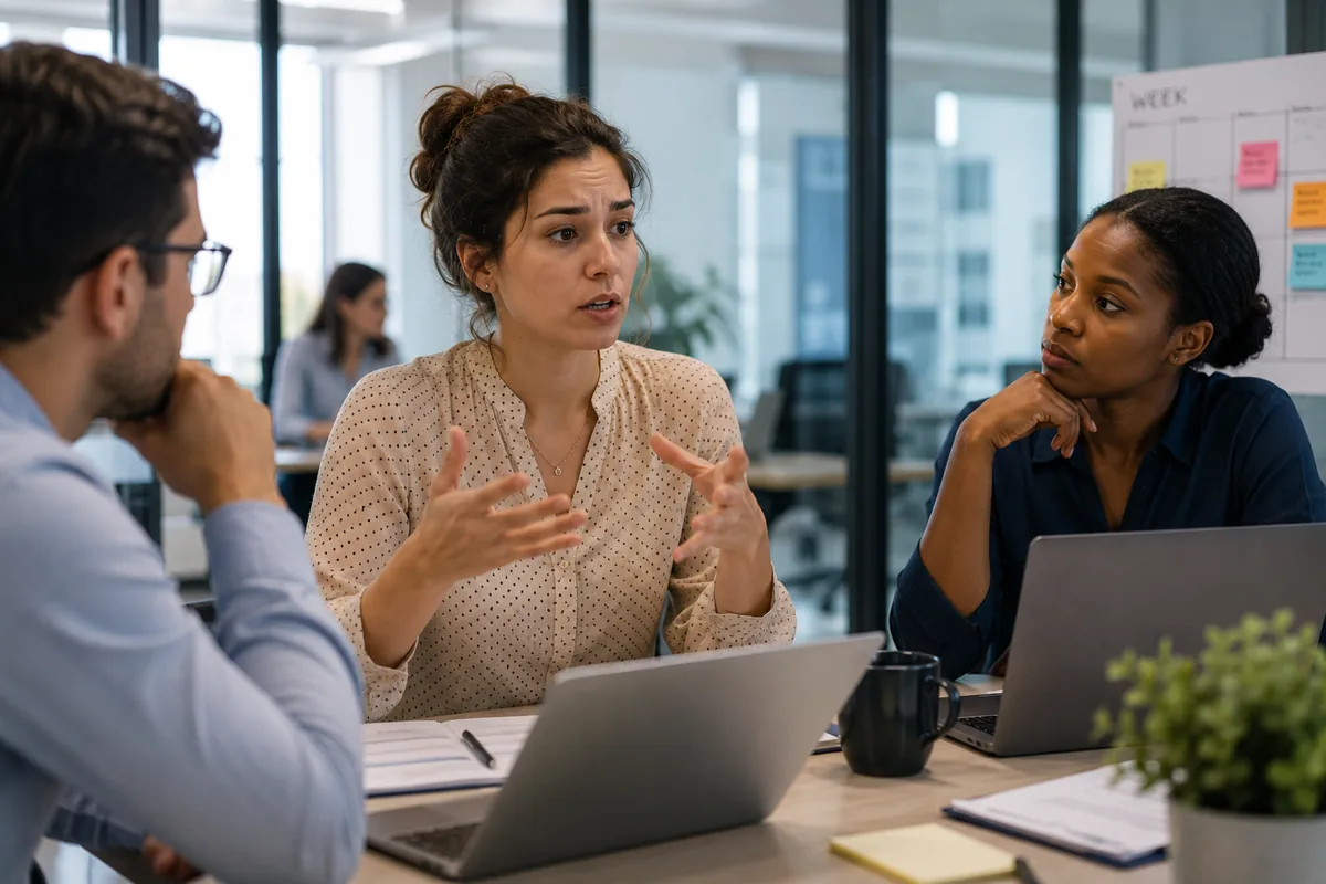 A woman explaining herself with emphatic hand gestures to two colleagues listening across a table in a meeting