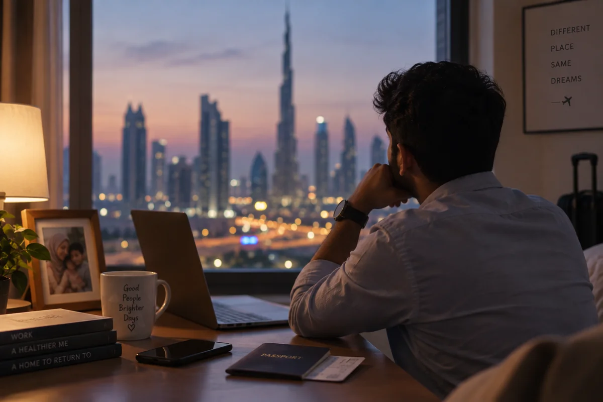 A professional standing alone at a window of a Gulf city apartment at night, looking out at the skyline, a phone with a family photo in hand, conveying quiet distance from home